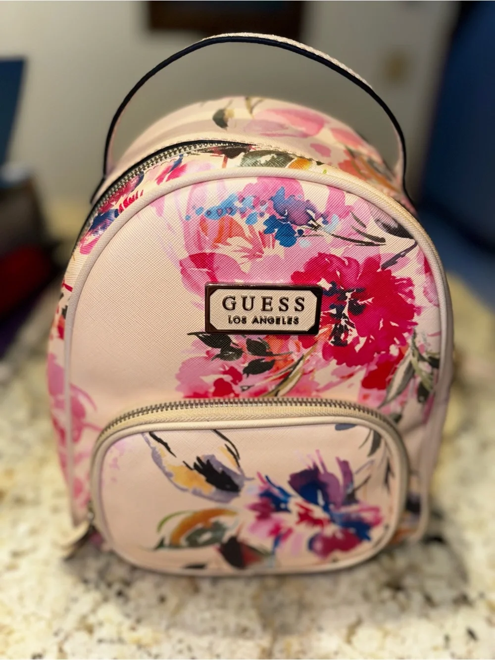 GUESS Pink Floral Mini Backpack with Multicolor Bloom Print